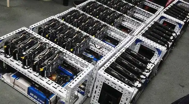 Aerial shot of a large-scale mining farm with rows of containers housing mining rigs, showing the scale and infrastructure required.